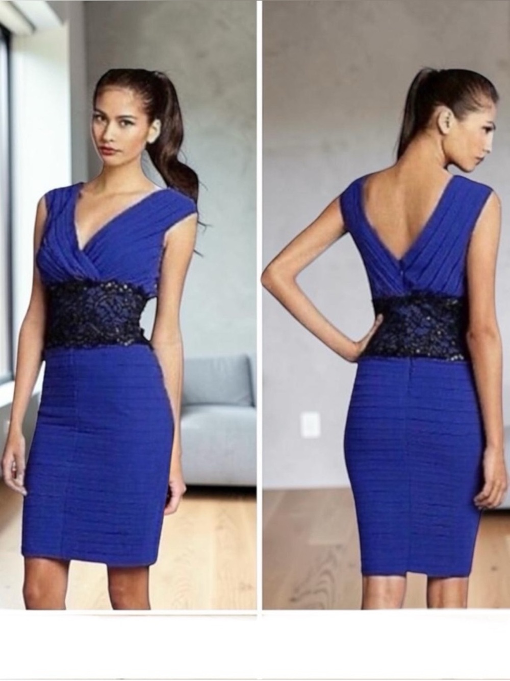 Tadashi Shoji blue chiffon layered black lace sleeveless formal dress size 10